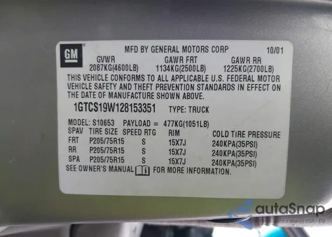 2002 GMC Sonoma Sls из США, поврежденный, VIN 1GTCS19W128153351